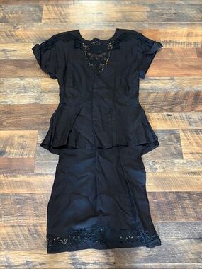 Vintage Nancy Johnson Black Peplum WW2 Inspired Dress With Shoulder Pads